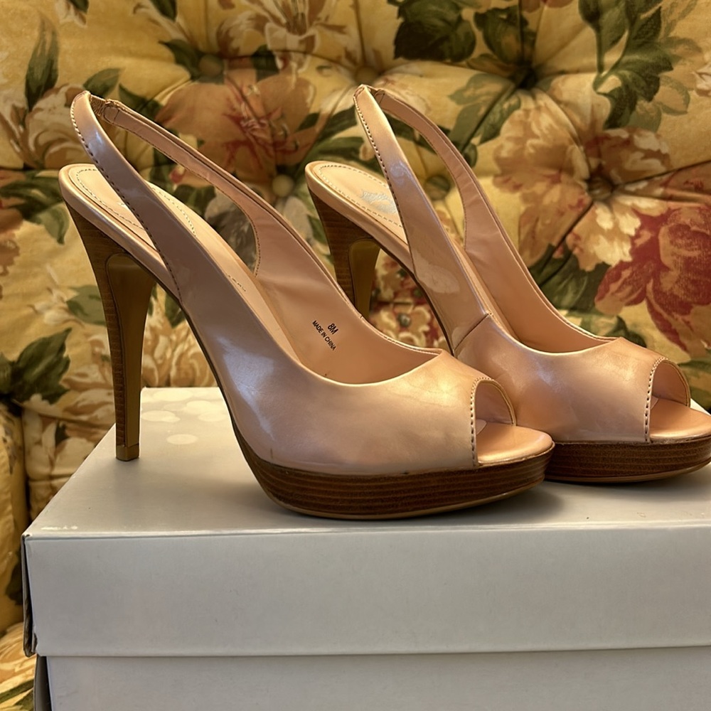 Pearl Pink Peep-toe Platform Slingback Stilettos!Sz 8M